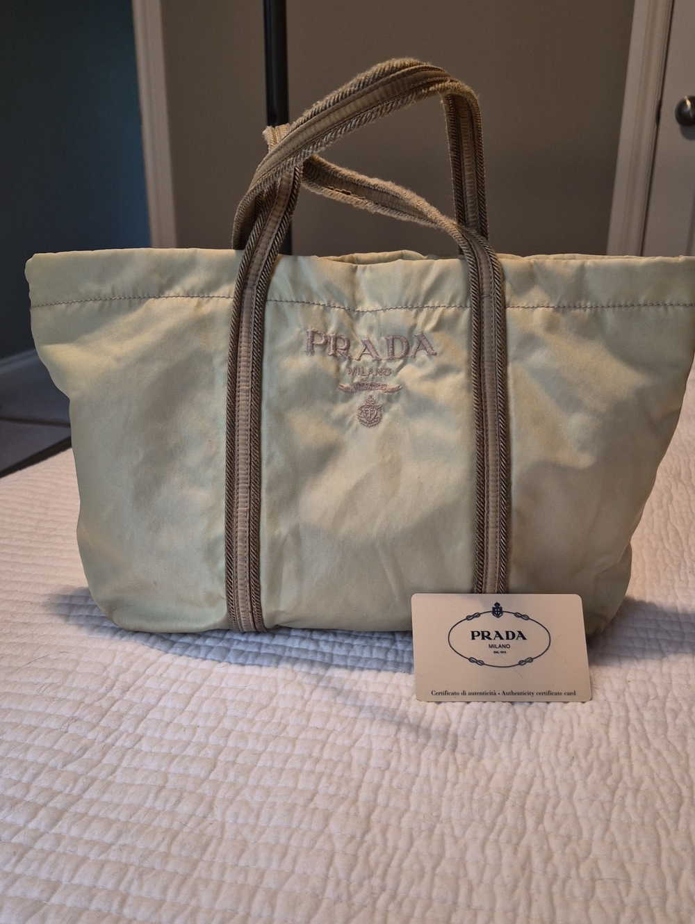 Vintage Y2K Prada Tan Tessuto Marchio Nylon Mini Tote